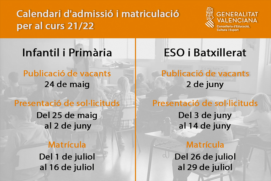 Demà s'obri la presentació de sol·licituds d'admissió per al curs 2021-2022